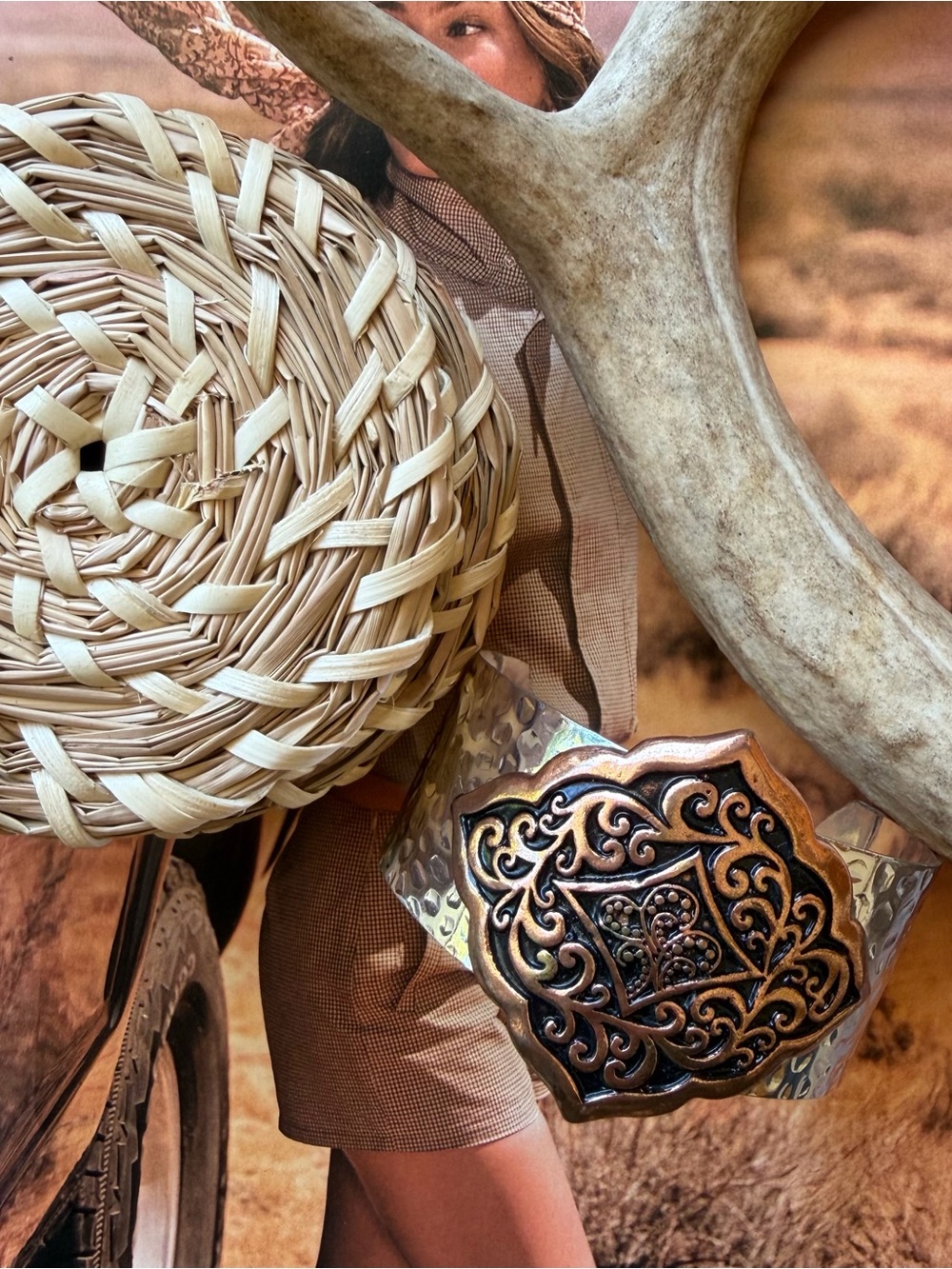 Bronze Silver Filigree Cuff Bracelet Ornate Scrollwork Statement Bangle